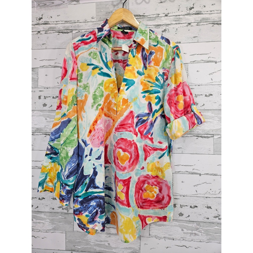 Lauren Ralph Lauren Women Large Floral Cotton Split Neck Tunic Shirt Multi-Color
